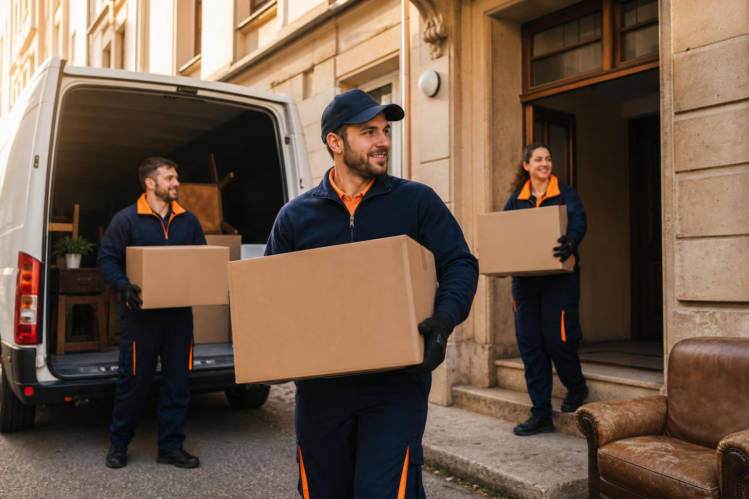 Freundliches Team in dunkelblau-oranger Arbeitskleidung trägt Kartons aus einem Altbau in einen weißen Transporter – Haushaltsauflösung in Bremen